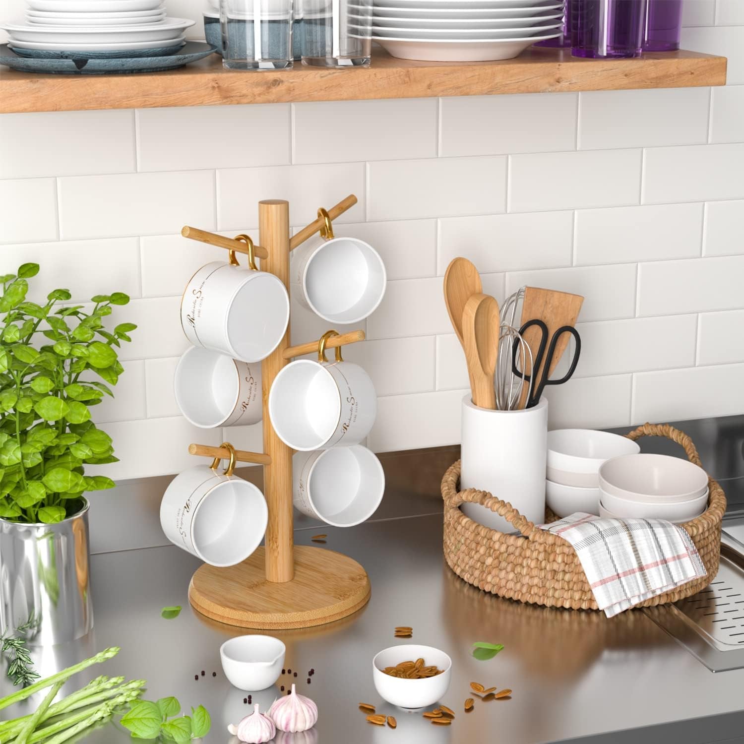 Bamboo Coffee Mug Tree with Enhanced Stability - Countertop Stand Featuring 6 Hooks