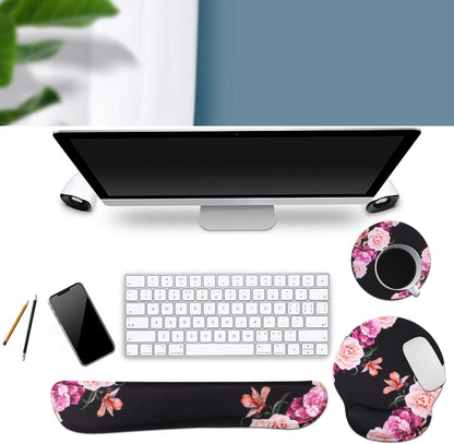 Ergonomic Mouse Pad and Wrist Support Set with Non-Slip Base for Computer and Laptop Use, Featuring Peony Flowers Design, Includes Coasters for Enhanced Comfort and Pain Relief