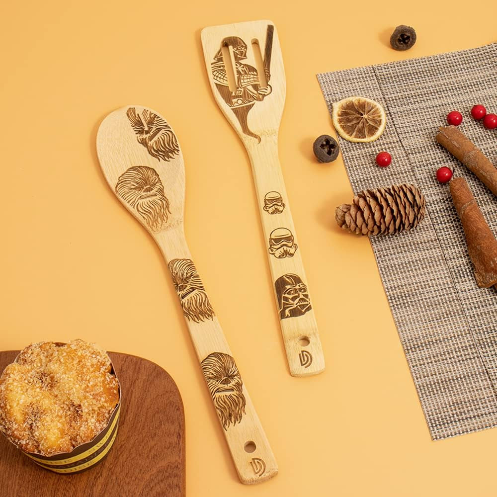 Set of 5 Star Wars Themed Burned Wooden Cooking Spoons and Spatulas - Organic, Non-Stick Kitchen Utensils - Ideal Premium Quality Gifts for Housewarming and Weddings