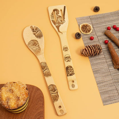 Set of 5 Star Wars Themed Burned Wooden Cooking Spoons and Spatulas - Organic, Non-Stick Kitchen Utensils - Ideal Premium Quality Gifts for Housewarming and Weddings