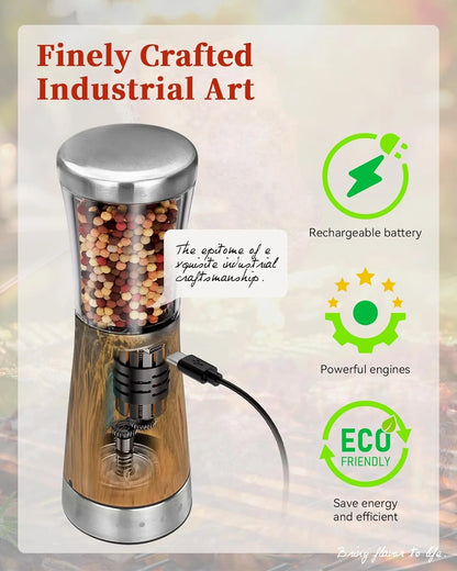 USB Rechargeable Stainless Steel Electric Salt and Pepper Grinder Set with 5-Level Adjustable Settings and 4.5oz Capacity