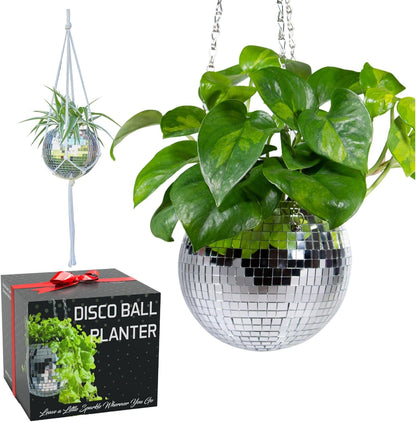 Disco Ball Planter Value Package: 6-Inch Silver Mirror Planter with Chain, Macrame Hanger, Acrylic Stand, and Self-Watering Insert for Desk Decor