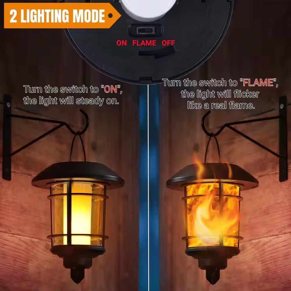 2-Pack Waterproof Solar LED Wall Lanterns with Flickering Flame Effect and Hooks for Outdoor Use