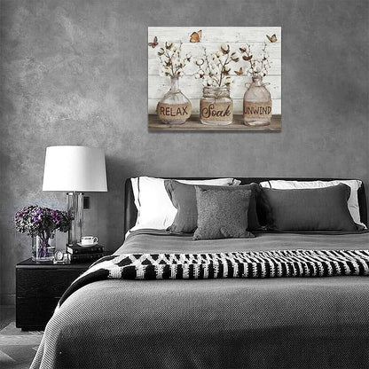Farmhouse Bathroom Decor Wall Art Rustic Cotton Bathroom Pictures Canvas Print Country Bathroom Relax Soak Unwind Sign Artwork Modern Home Decor for Bathroom Framed Ready to Hang 12"X16"