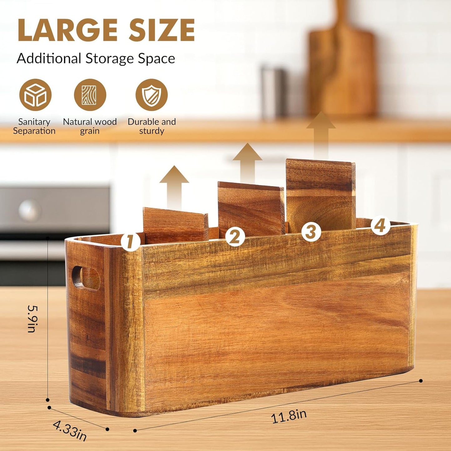 Extra Large Acacia Wood Kitchen Utensil Holder with 4 Compartments - Sturdy Organizer for Cooking Tools and Silverware, Rustic Minimalist Design