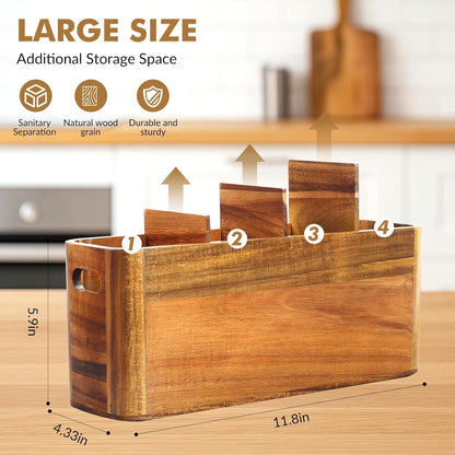 Extra Large Acacia Wood Kitchen Utensil Holder with 4 Compartments - Sturdy Organizer for Cooking Tools and Silverware, Rustic Minimalist Design