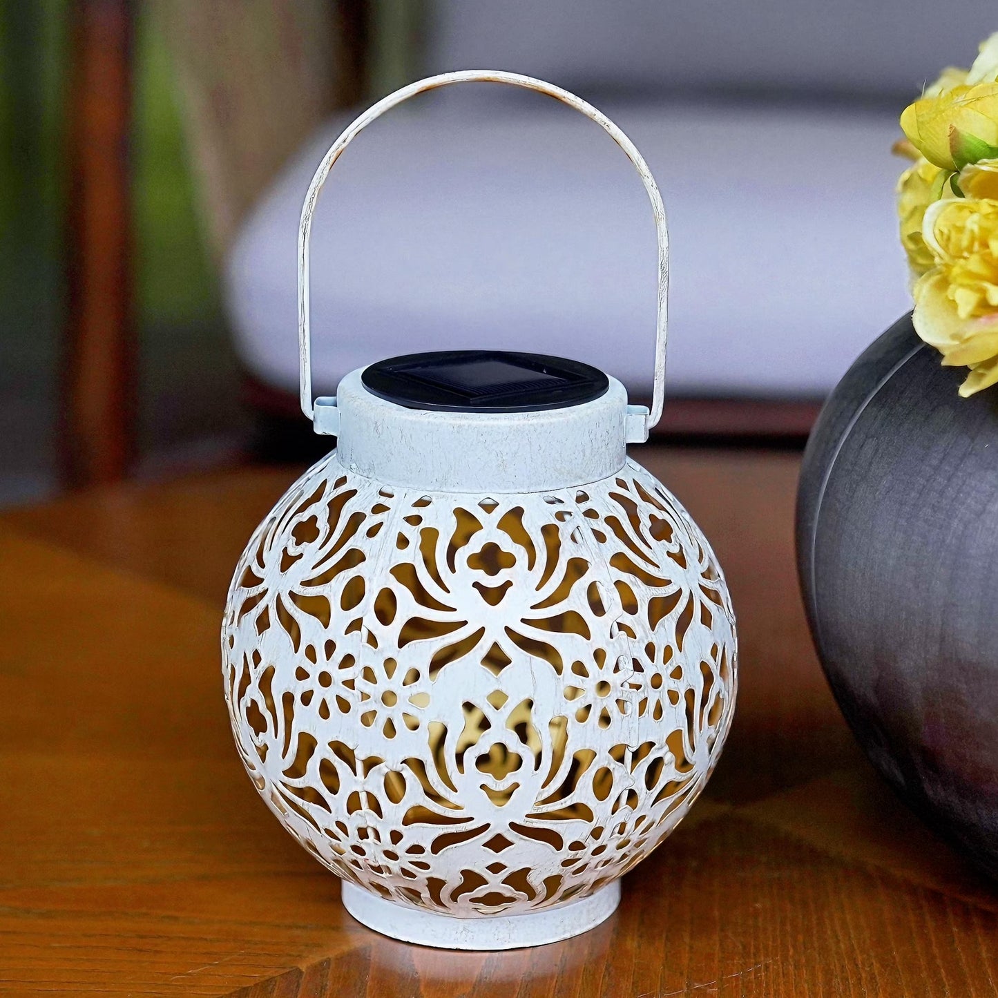 2-Pack Outdoor Solar Hanging Lanterns - Metal LED Decorative Lights for Garden, Patio, Courtyard, Lawn, and Tabletop with Hollowed-Out Design in White.