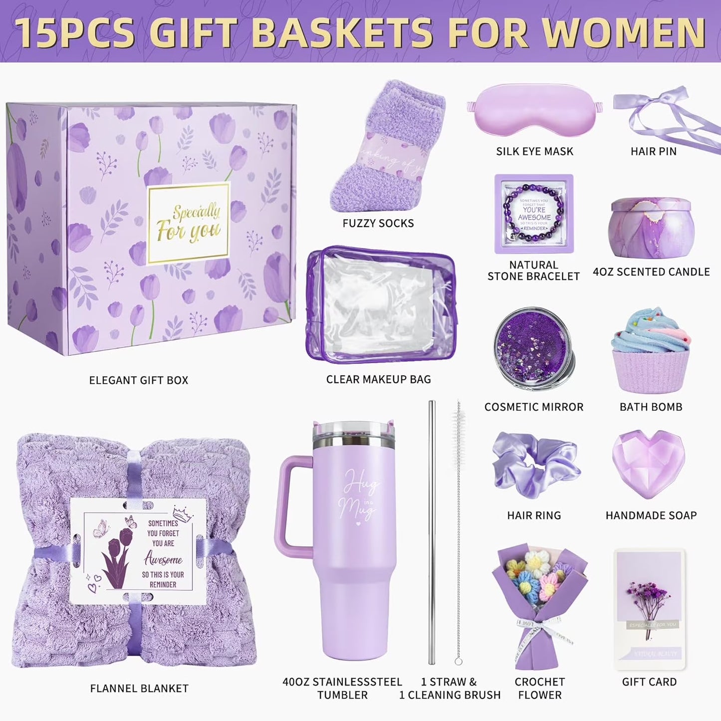 15-Piece Luxury Spa Gift Set for Women, Featuring Flannel Blanket and 40 Oz Tumbler - Perfect for Birthdays, Valentine's Day, Mother's Day, and Special Occasions