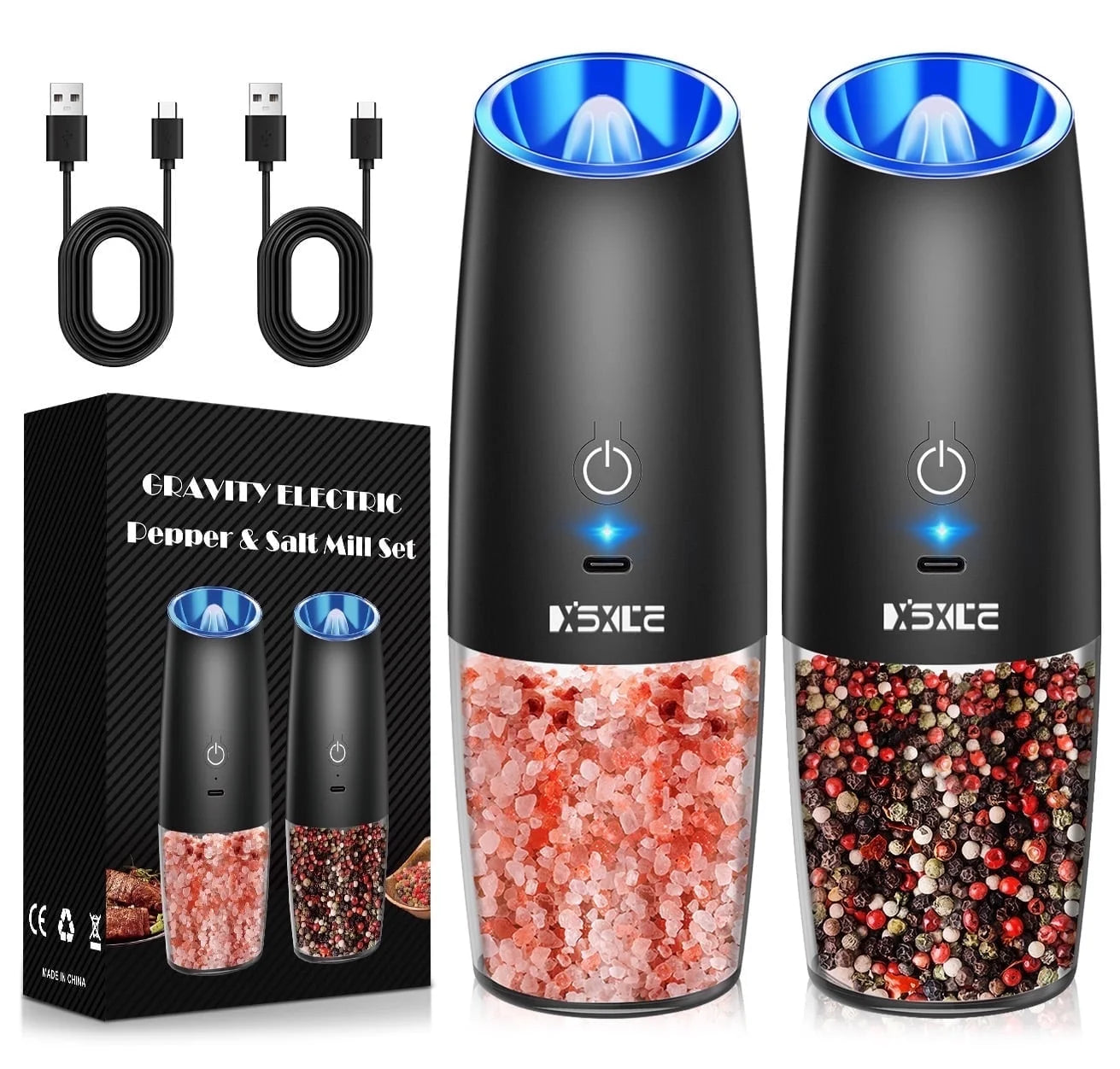 Rechargeable Electric Gravity Salt and Pepper Mill Set - No Batteries Required, Black