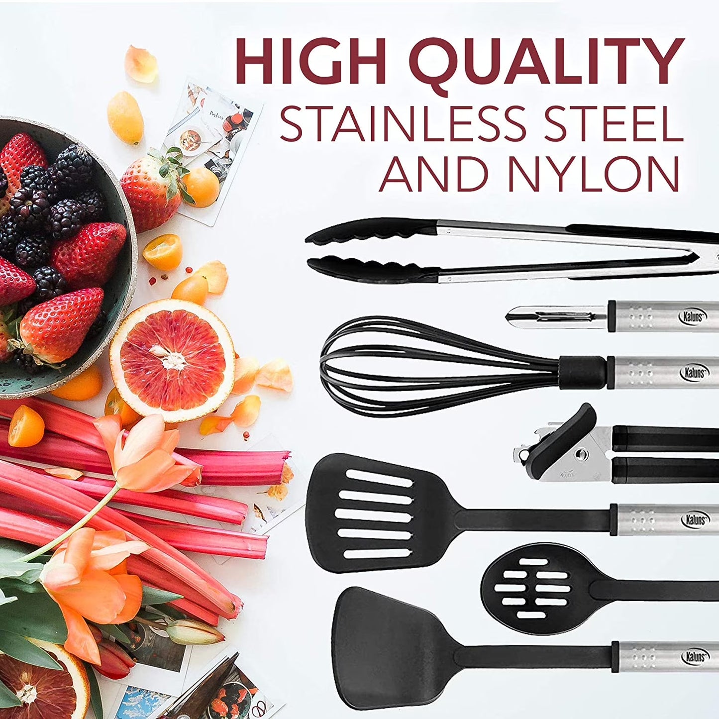 24-Piece Stainless Steel Cooking Utensils Set with Non-Stick Cookware and Heat Resistant Nylon Tools - Black