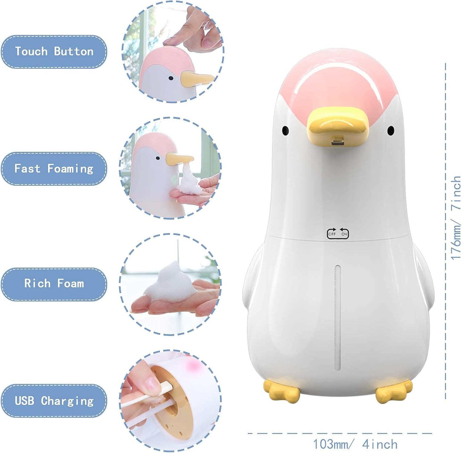 Automatic Soap Dispenser, Rechargeable Touchless Foaming Hand Soap Dispenser, Upgraded Waterproof Hands Free Foam Sanitizer Dispenser for Bathroom, Kitchen, Restaurant- 13.5Oz/ 400Ml Penguin Pink