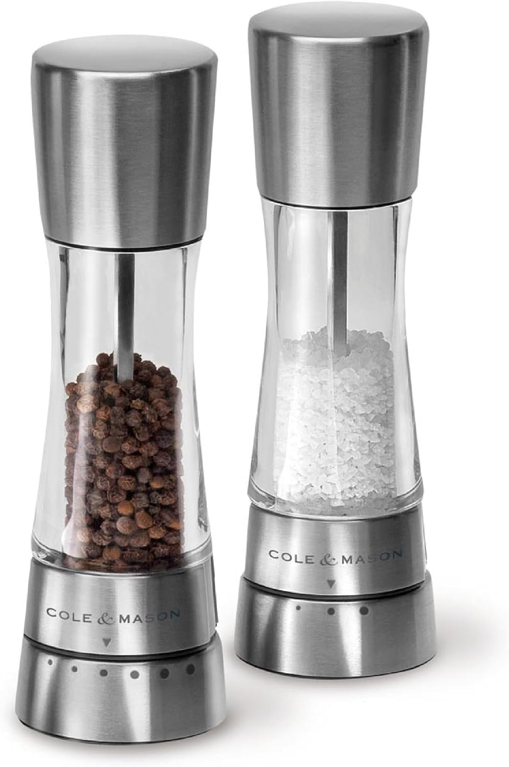 Cole & Mason Derwent Stainless Steel Salt and Pepper Grinder Set with Precision Mechanisms and Premium Sea Salt and Peppercorns