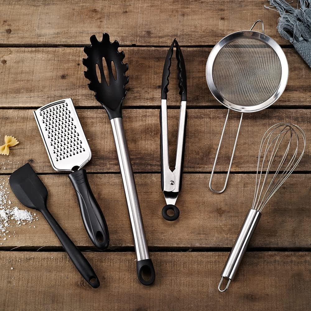 43-Piece Kitchen Utensil Set with Storage Bag - Nylon and Stainless Steel Cooking Tools, Baking Accessories, and Gadgets in Black