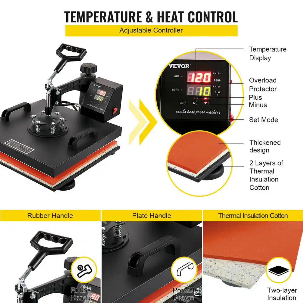 15 In. L X 15 In. W Heat Press Machine 8 in 1 Dual LED Display 360° Rotation Swing Away T-Shirt Press Machine, Black