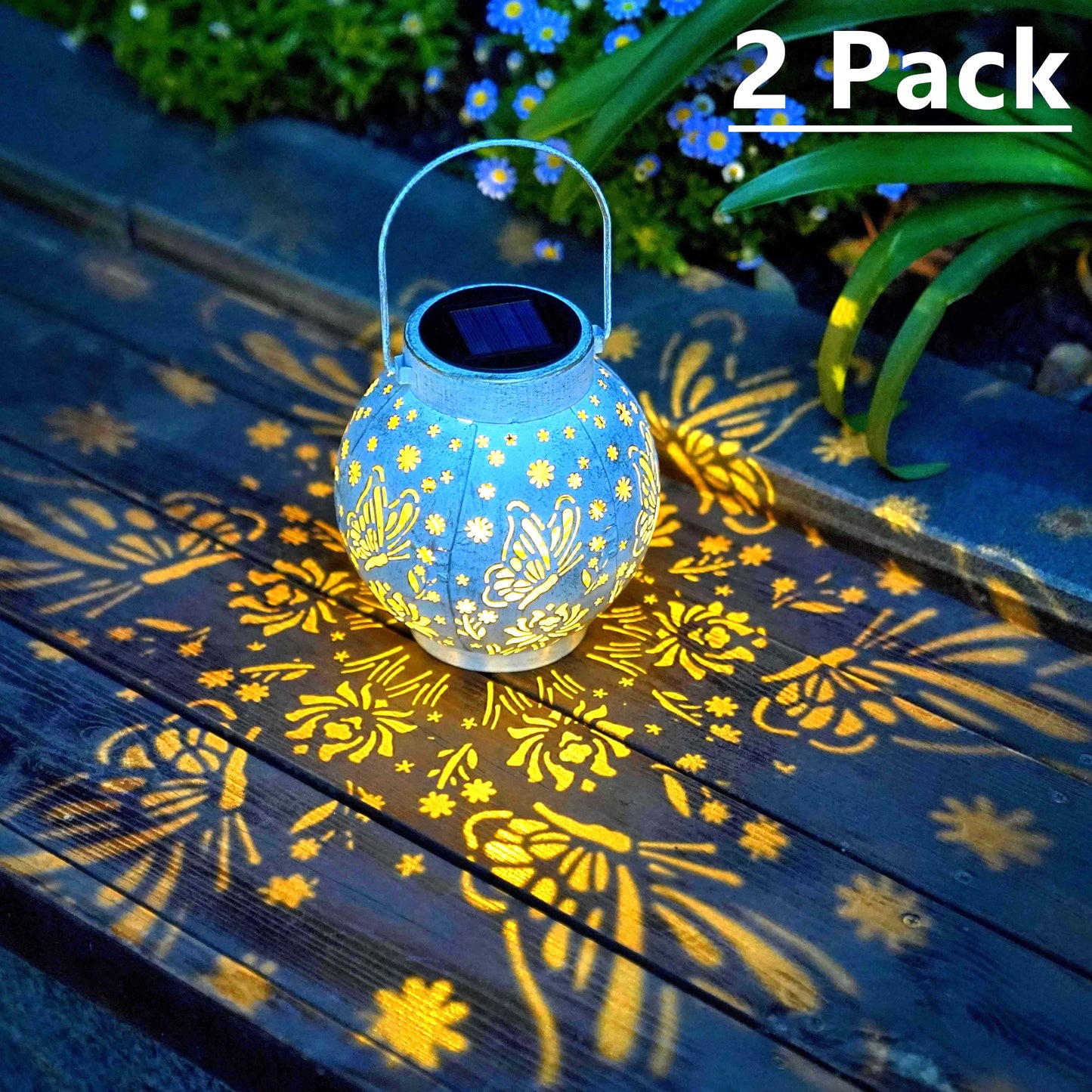 2-Pack Outdoor Solar Hanging Lanterns - Metal LED Decorative Lights for Garden, Patio, Courtyard, Lawn, and Tabletop with Hollowed-Out Design in White.