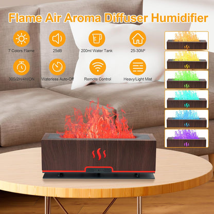 Upgraded 7-Color Ultrasonic Essential Oil Diffuser with Flame Design, 200ml Capacity, Auto-Off Feature for Aromatherapy in Bedroom and Office (Dark Brown)