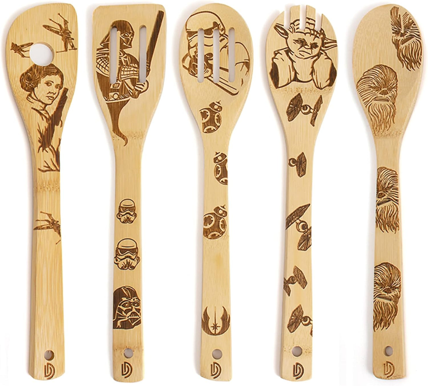 Set of 5 Star Wars Themed Burned Wooden Cooking Spoons and Spatulas - Organic, Non-Stick Kitchen Utensils - Ideal Premium Quality Gifts for Housewarming and Weddings