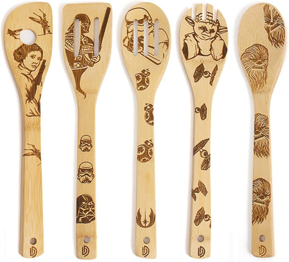 Set of 5 Star Wars Themed Burned Wooden Cooking Spoons and Spatulas - Organic, Non-Stick Kitchen Utensils - Ideal Premium Quality Gifts for Housewarming and Weddings