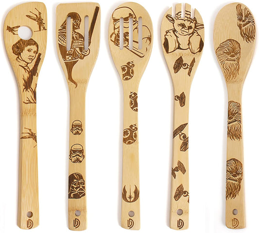 Set of 5 Star Wars Themed Burned Wooden Cooking Spoons and Spatulas - Organic, Non-Stick Kitchen Utensils - Ideal Premium Quality Gifts for Housewarming and Weddings