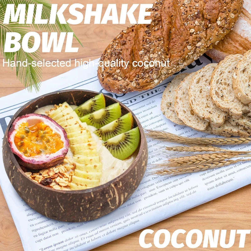 Natural Coconut Bowl Set for Salads and Smoothies with Wooden Ramen Bowls and Spoons - Eco-Friendly Kitchen Tableware