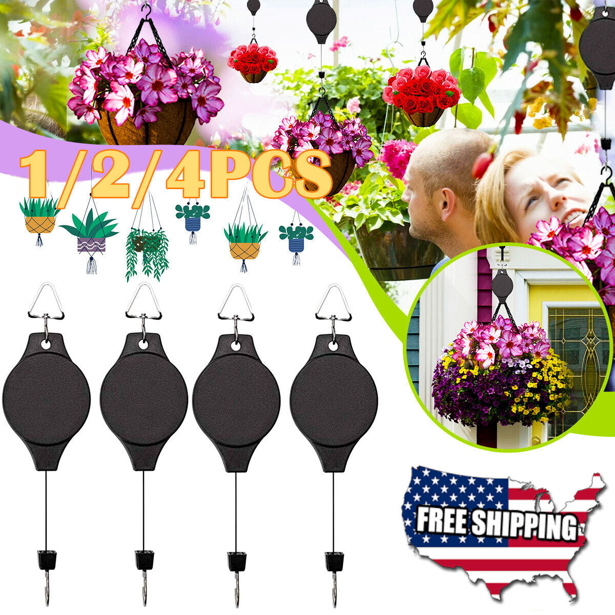4-Piece Retractable Pulley Hook Hanging System for Garden Plants and Flowers