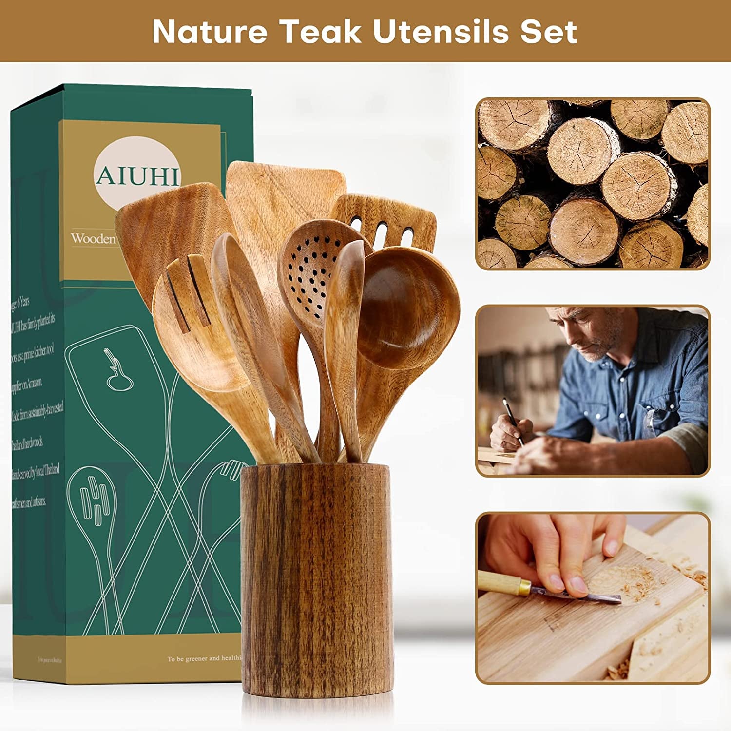 Teak Wooden Cooking Utensil Set - 8-Piece Nonstick, Non-Scratch Kitchen Spoons