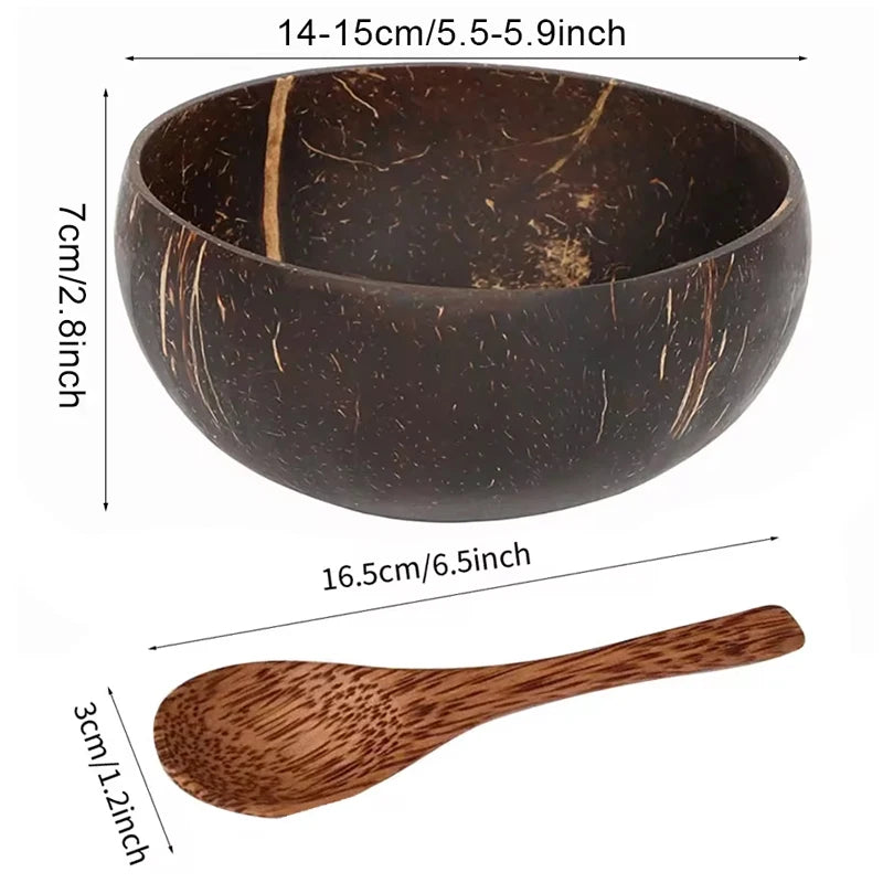 Natural Coconut Bowl Set for Salads and Smoothies with Wooden Ramen Bowls and Spoons - Eco-Friendly Kitchen Tableware