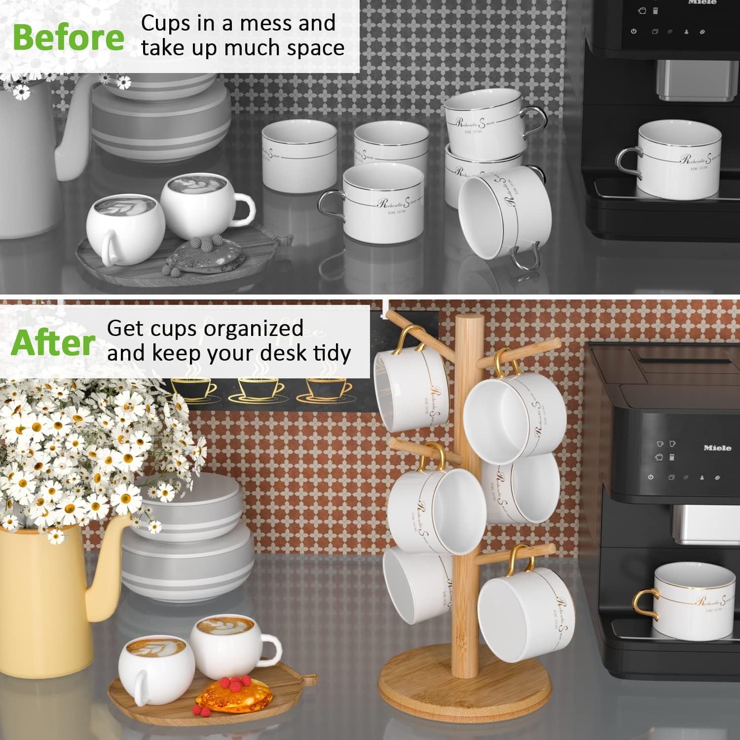 Bamboo Coffee Mug Tree with Enhanced Stability - Countertop Stand Featuring 6 Hooks