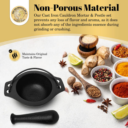 Cast Iron Mortar and Pestle Set in Cauldron Design