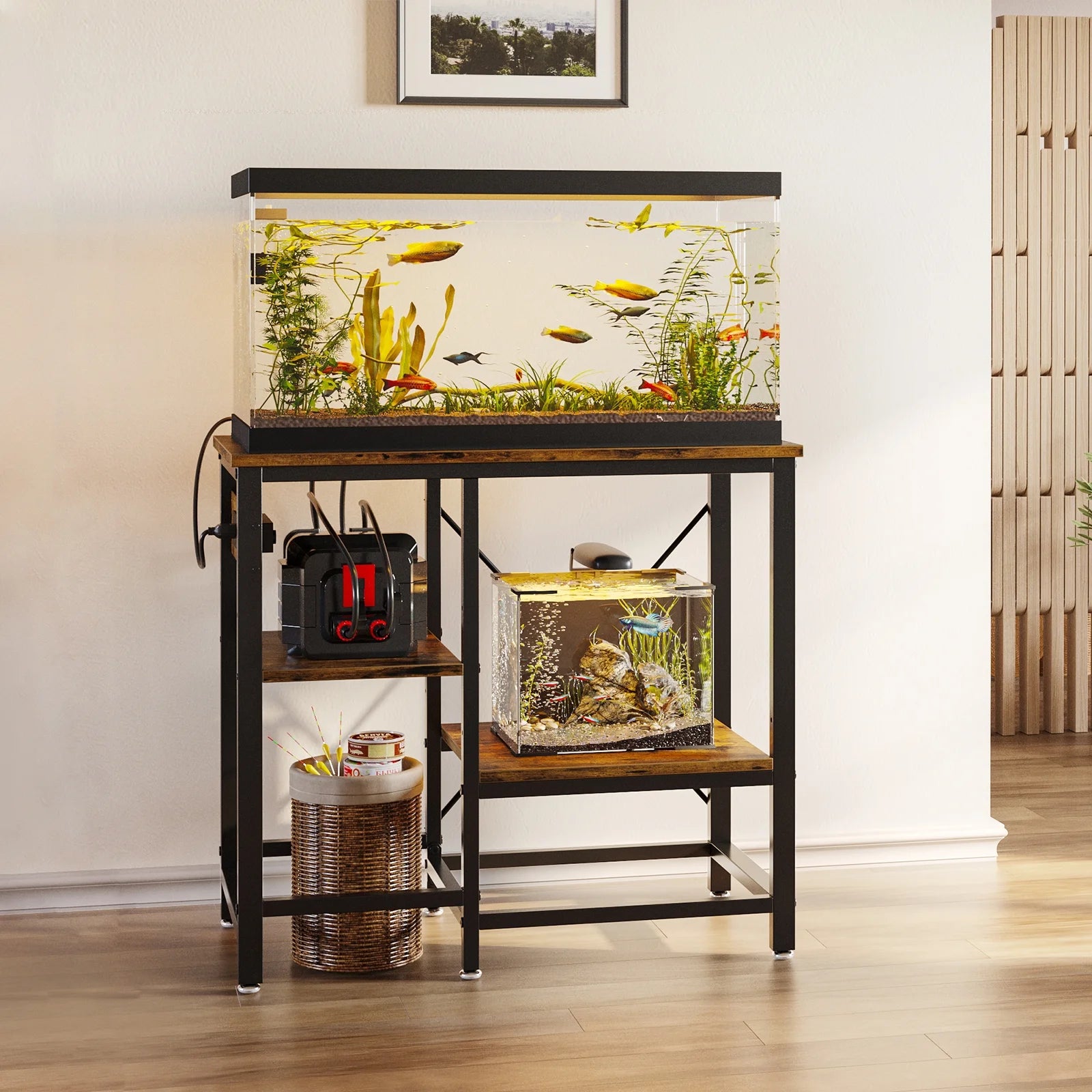 20-29-37 Gallon Fish Tank Stand with Power Outlets, 3-Tier Heavy Duty Metal Aquarium Stand Reversible Storage Shelf