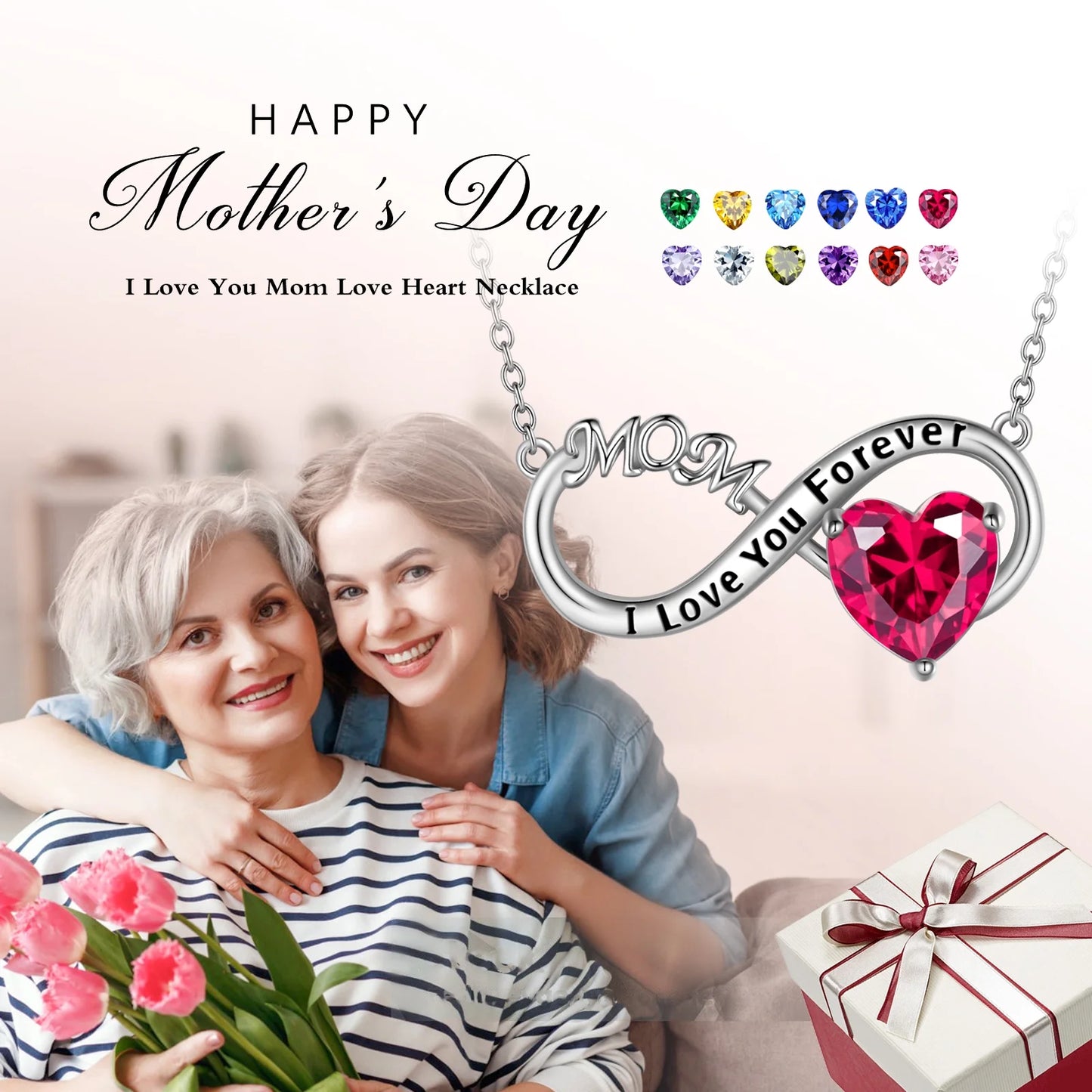 Infinity Heart Necklace for Mom with April Birthstone and White Diamond Pendant, 925 Sterling Silver Jewelry, Birthday Gifts for Women, Mother's Day Gift
