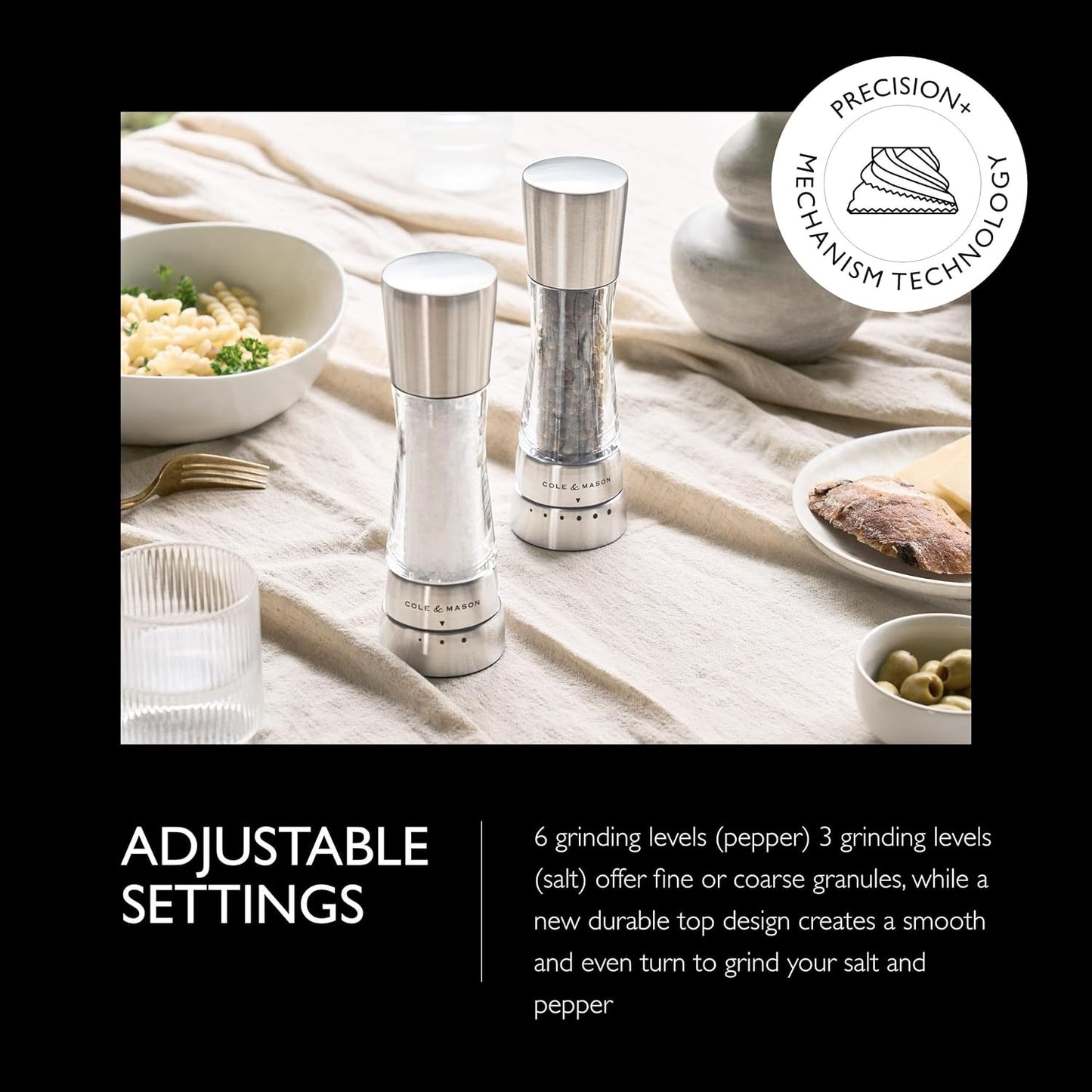 Cole & Mason Derwent Stainless Steel Salt and Pepper Grinder Set with Precision Mechanisms and Premium Sea Salt and Peppercorns
