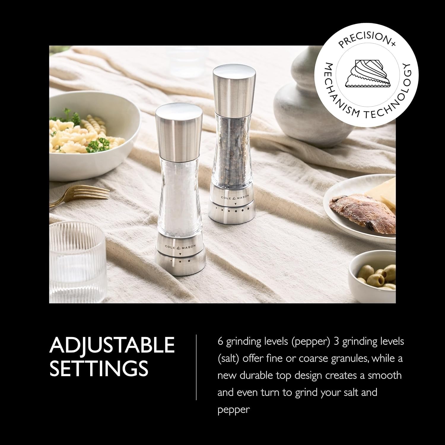 Cole & Mason Derwent Stainless Steel Salt and Pepper Grinder Set with Precision Mechanisms and Premium Sea Salt and Peppercorns