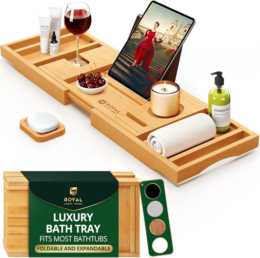 Premium Bamboo Bathtub Tray - Expandable Wooden Caddy for Bathing Accessories, Ideal Gift for New Homes and Mothers