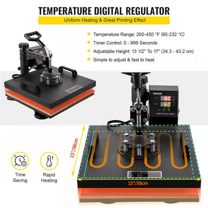 15 In. L X 15 In. W Heat Press Machine 8 in 1 Dual LED Display 360° Rotation Swing Away T-Shirt Press Machine, Black