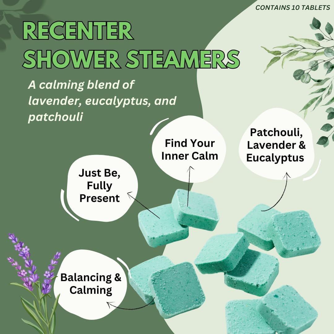 Recenter Aromatherapy Shower Steamers for Relaxation - Made in the USA - Lavender & Eucalyptus Shower Bomb Tablets - Soothing Natural Essential Oils (10 Pack) - Ideal Mother's Day Gift