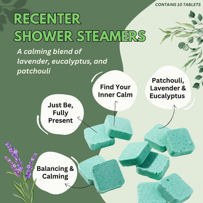 Recenter Aromatherapy Shower Steamers for Relaxation - Made in the USA - Lavender & Eucalyptus Shower Bomb Tablets - Soothing Natural Essential Oils (10 Pack) - Ideal Mother's Day Gift