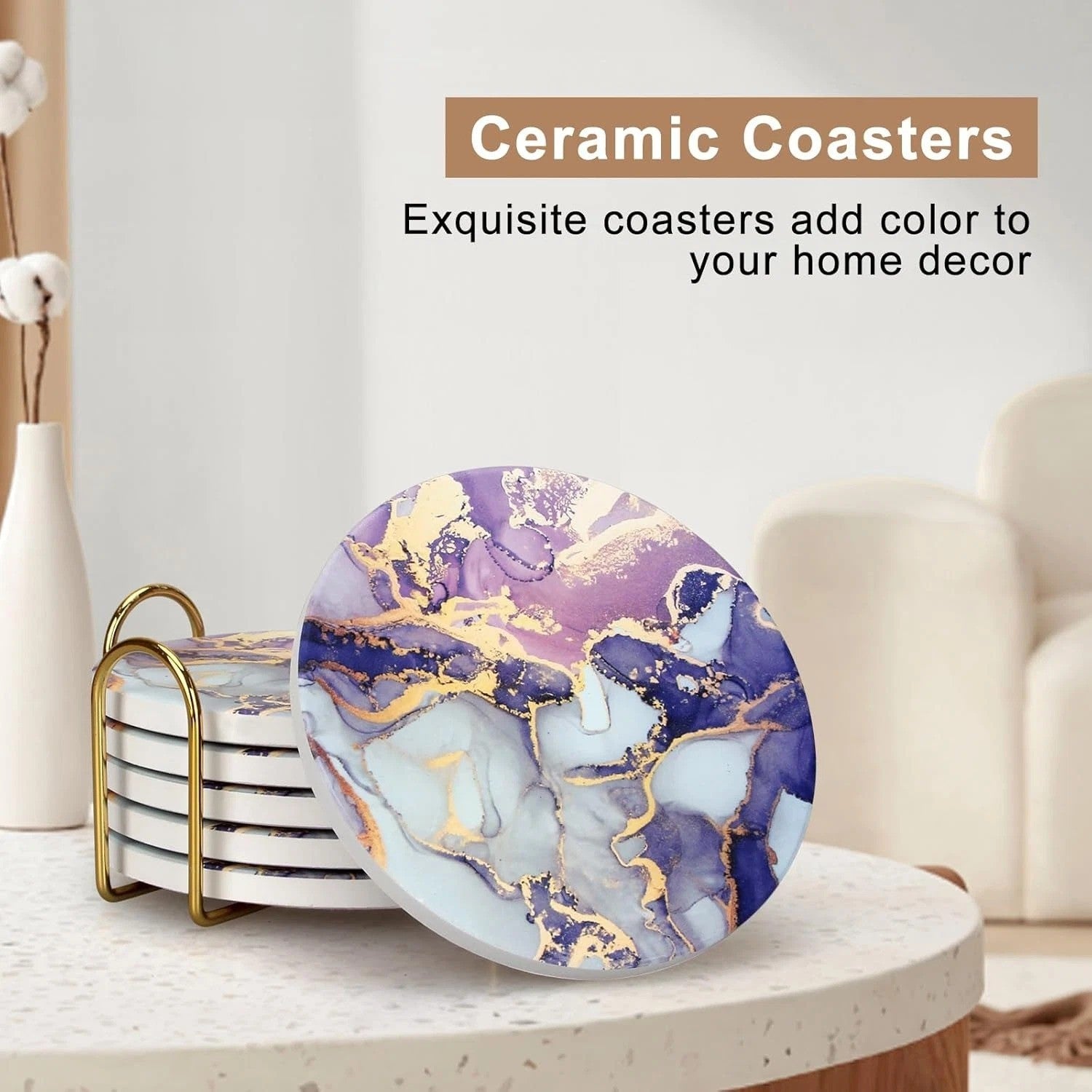 Purple Agate Coaster Set with Holder - Modern Marble Coasters, Set of 6
