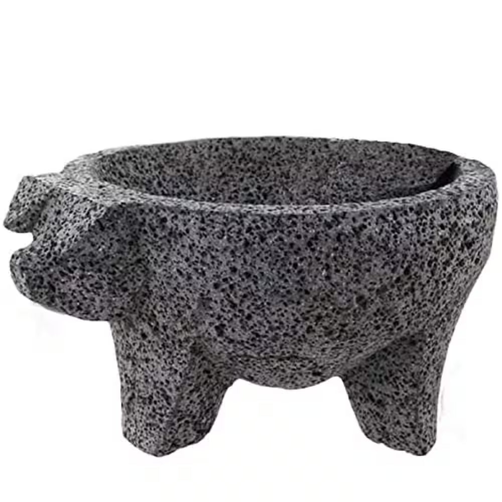 8.6-Inch Artisan Mexican Lava Stone Mortar and Pestle - Perfect for Grinding Herbs and Spices, Featuring a Pig Design