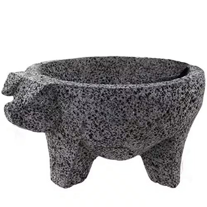 8.6-Inch Artisan Mexican Lava Stone Mortar and Pestle - Perfect for Grinding Herbs and Spices, Featuring a Pig Design