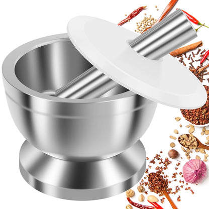 Stainless Steel Mortar and Pestle Set - Efficient Spice Crusher with Silicone Lid and Anti-Slip Base, Rustproof Pill Crusher for Grinding Herbs and Seasonings in the Kitchen