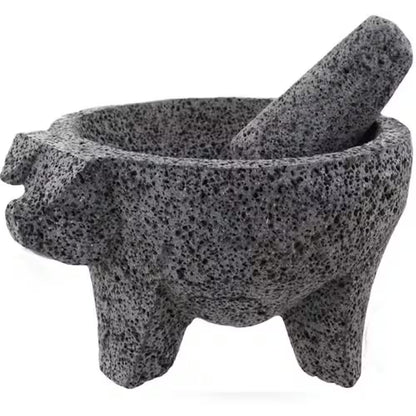 8.6-Inch Artisan Mexican Lava Stone Mortar and Pestle - Perfect for Grinding Herbs and Spices, Featuring a Pig Design