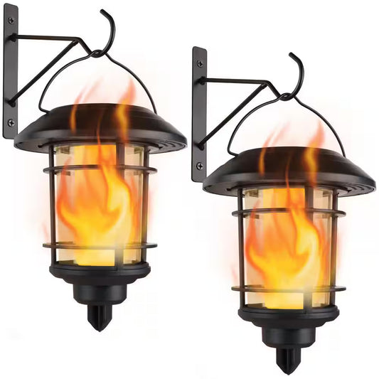 2-Pack Waterproof Solar LED Wall Lanterns with Flickering Flame Effect and Hooks for Outdoor Use
