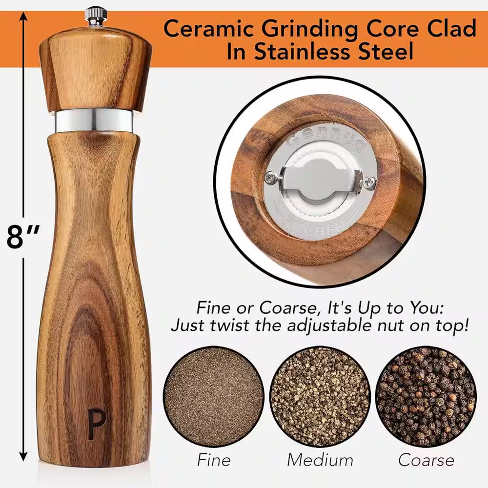 Acacia Wood Salt and Pepper Grinder Set with Adjustable Mills and Ceramic/Stainless Steel Core, 8 Inches