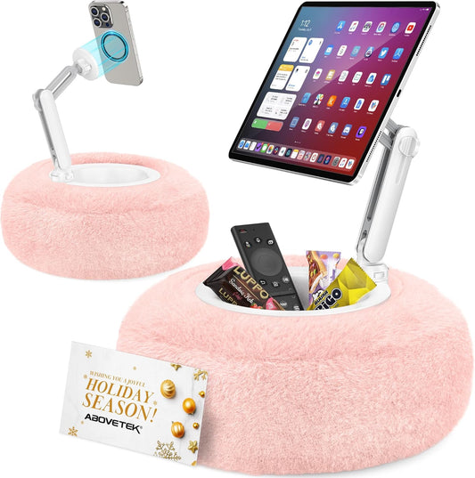 Kindle Pillow Stand, Magnetic Ipad Holder for Bed with Snack Bowl, 360° Adjustable Soft Tablet Lap Pillow for Reading, Compatible with Kindle, Tablet, Phone, Ideal Cozy Gift for Family(Pink)