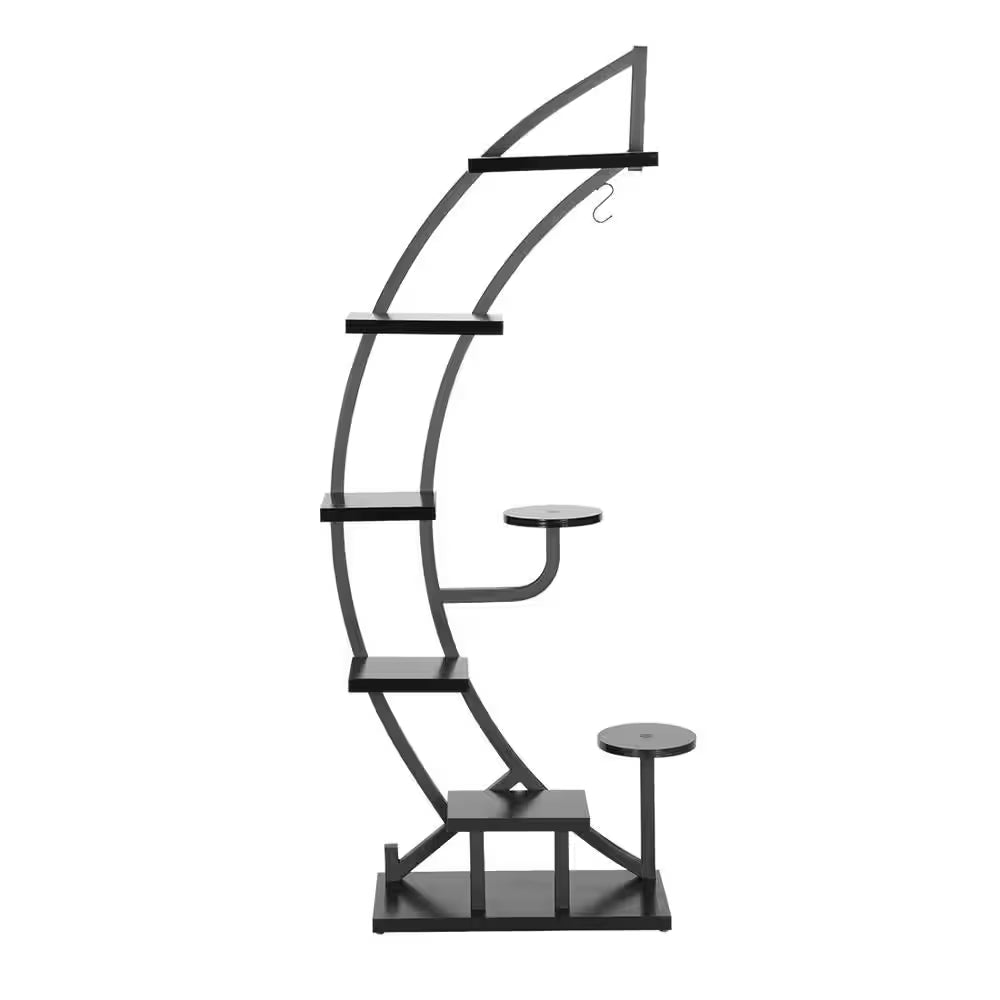 6-Tier 9 Potted Steel-Wood Curved Plant Stand with Hanger in Black