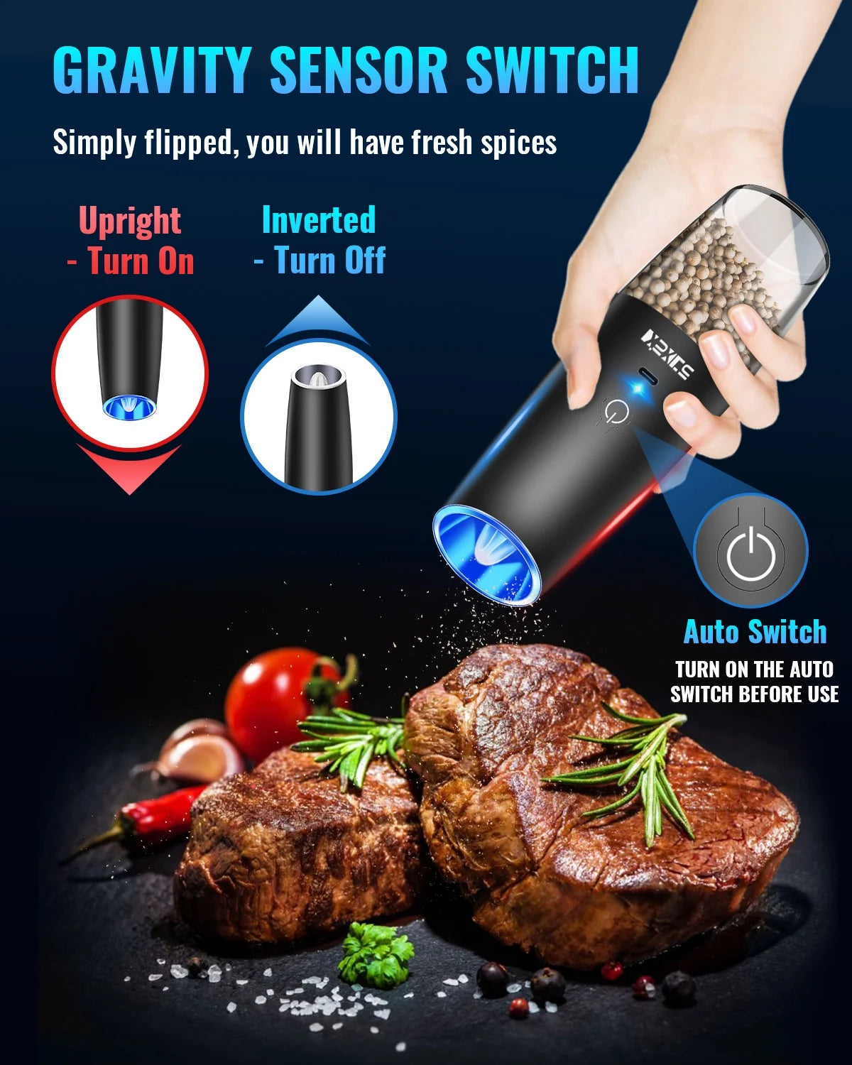 Rechargeable Electric Gravity Salt and Pepper Mill Set - No Batteries Required, Black