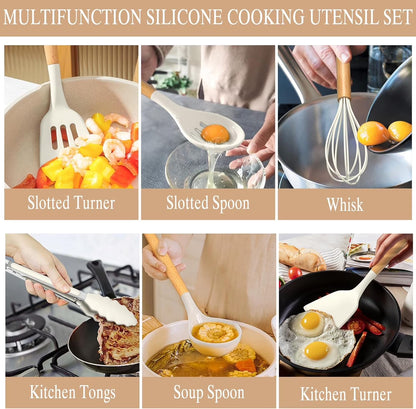 33-Piece Non-Stick Silicone Kitchen Utensil Set with Wooden Handles and Holder (Cream White)