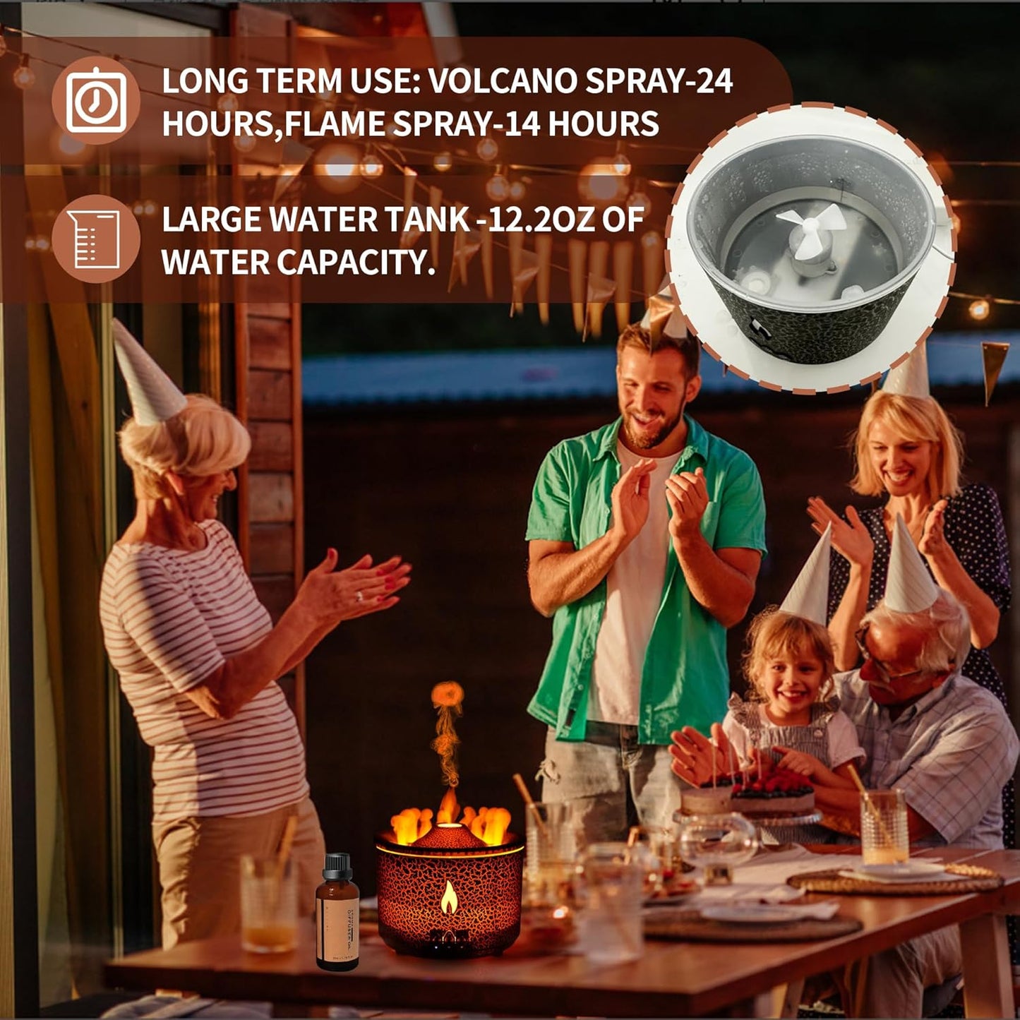 Aroma Essential Oil Diffuser 360ml with Volcano and Flame Design, Includes 1.76oz Hotel Collection Essential Oils, Adjustable Blue/Red Light Selection, Ideal for Large Rooms (Black Cracks)