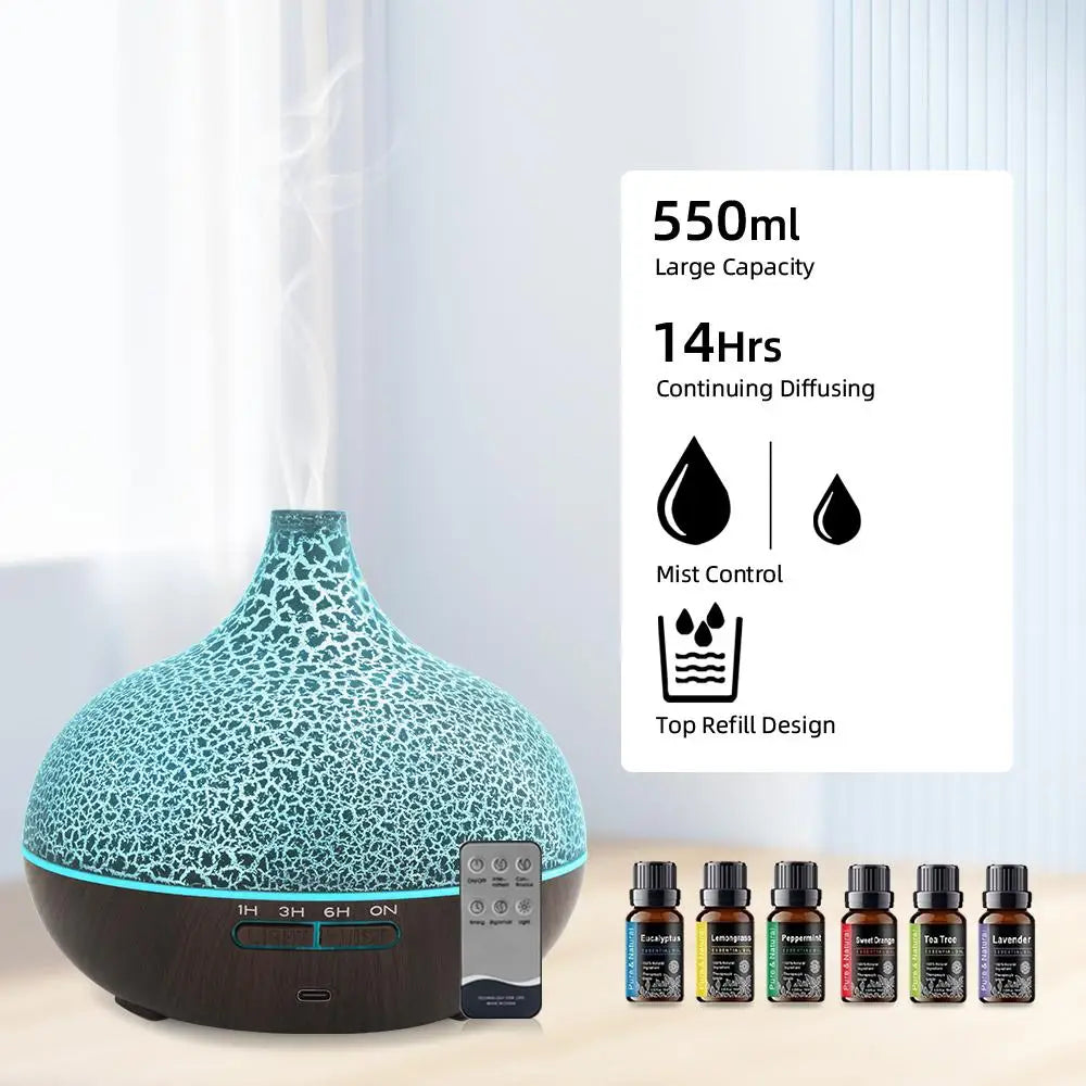 550ml Ultrasonic Essential Oil Diffuser and Humidifier with Wood Grain Finish, Remote Control, LED Flame Night Light, and Timer Function